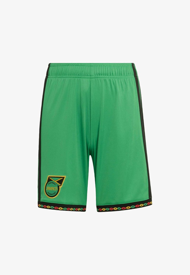 Shorts de sport verts avec des rayures latérales noires, logo de la Fédération jamaïcaine de football sur la jambe gauche, et un ourlet inférieur avec un motif multicolore.