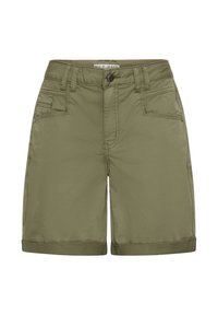 Shorts aux genoux de couleur vert olive avec bouton à l'avant, fermeture éclair, ourlets retroussés, passants pour ceinture et plusieurs poches avant.