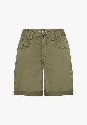 Olívovo zelené krátke nohavice po kolená s predným gombíkom, zipsom, zrolovanými lemami, pútkami na opasok a viacerými prednými vreckami.