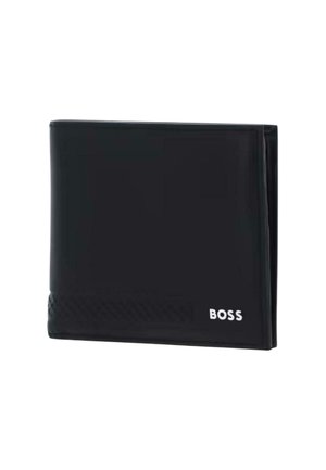 Czarny skórzany portfel dwudzielny z teksturowanym detalem i białym logo "BOSS" w dolnym prawym rogu.