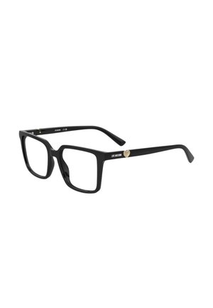 Occhiali da vista rettangolari neri con montatura e aste spesse, con un piccolo cuore dorato e il testo "Love Moschino" sul lato.