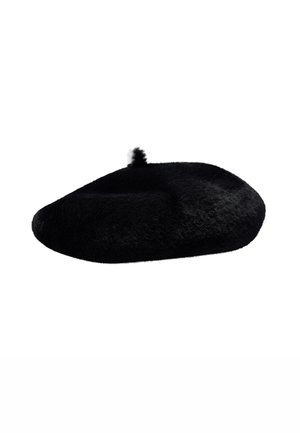 Czarny beret, wykonany z miękkiej, teksturowanej tkaniny, charakteryzujący się zaokrąglonym kształtem oraz małym, prostym pomponem na górze.