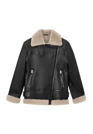 Black leather jacket with tan wool collar and cuffs; features two zippered front pockets and a diagonal front zipper closure.