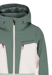 Veste d'hiver verte et blanche avec un col haut, dotée de deux poches poitrine zippées, de tirettes de fermeture éclair roses et du logo "Protest PVRE GREEN SERIES".