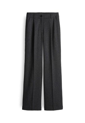 Pantaloni dritti grigio scuro con chiusura a bottone e cerniera, tasche laterali e passanti per cintura, mostrati su uno sfondo bianco.
