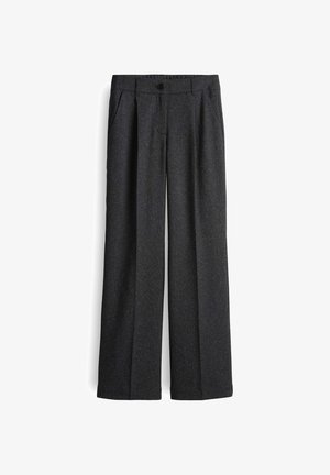 Donkergrijze rechte broek met een knoop- en ritsluiting, zijzakken en riemlussen, weergegeven op een witte achtergrond.