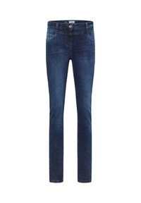Donkerblauwe denim jeans met een aansluitende pasvorm, middelhoge taille, vijf zakken en subtiele wassingdetails op de bovenbenen.