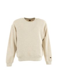 Felpa leggera beige chiaro realizzata in misto cotone, con colletto a girocollo, polsini e orlo a costine, e un patch rotondo con logo sulla manica.