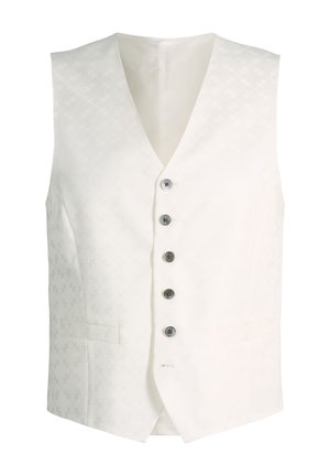 White formal waistcoat with subtle floral pattern and five dark buttons down the front, featuring two front pockets.