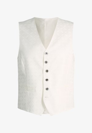 White formal waistcoat with subtle floral pattern and five dark buttons down the front, featuring two front pockets.