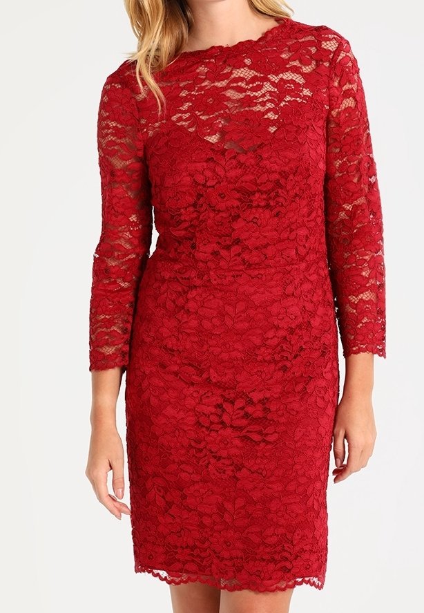 Abito rosso in pizzo con maniche lunghe e silhouette aderente. Presenta motivi floreali e orlo scallop. Materiale morbido e texture.