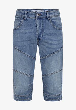 Világoskék farmer rövidnadrág, halványított felülettel, keresztirányú varrással és két elülső zsebbel, fémbotmódszerrel rögzítve.