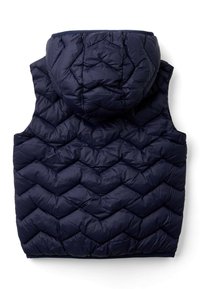 Gilet imbottito blu navy con motivo a zigzag, dotato di cappuccio e senza maniche, realizzato in un materiale leggero e lucido.
