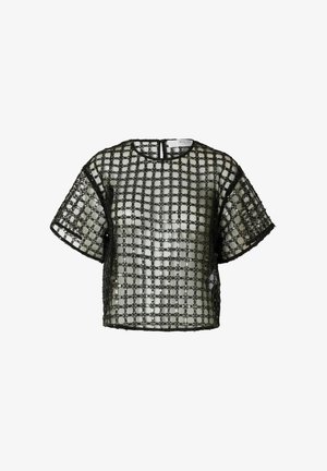 Zwarte mesh top met een vierkant patroon, korte mouwen en een ritssluiting aan de achterkant. Lichtgewicht en semi-transparant materiaal.