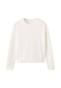 Bela pletena jopica z dolgimi rokavi, okroglim izrezom, ribasto teksturo na manšetah in robu, s sproščenim fitom in sproščenim dizajnom.