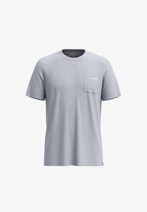 Light gray short-sleeve T-shirt made of a soft, textured fabric, featuring a left chest pocket and a logo on the pocket.