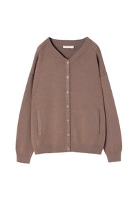 Brauner Knopf-Cardigan mit gerippten Bündchen und Saum, zwei vorderen Taschen und einem V-Ausschnitt.