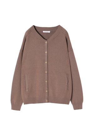 Brauner Knopf-Cardigan mit gerippten Bündchen und Saum, zwei vorderen Taschen und einem V-Ausschnitt.