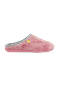 Chausson en fourrure rose avec une texture douce, présentant une doublure intérieure grise clair et un petit emblème de poisson jaune, conçu dans un style à enfiler.