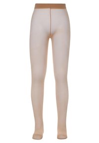 Beige uigennemsigtige strømpebukser med et sømløst design, glat tekstur og elastisk talje. Giver fuld dækning fra taljen til tæerne.
