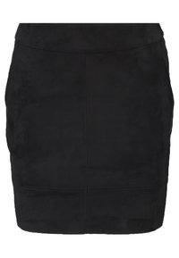 Svart mocka mini kjol med en figurnära form, som har en slät yta och synliga sömdetaljer, designad för en elegant silhuett.