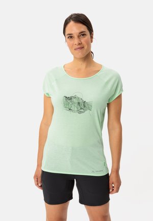 Licht mintgroen T-shirt met korte mouwen en een zwarte bergafbeelding. De stof lijkt zacht; het heeft een ronde halslijn en raglanmouwen.