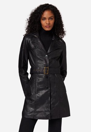 Black leather trench coat with a belted waist, button front, and a notched collar. Features smooth texture and two side pockets.