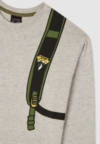 Felpa grigia con design grafico verde e nero, caratterizzata da un motivo a fasce e un emblema con la scritta "EXPLORE" e un'illustrazione di montagna.