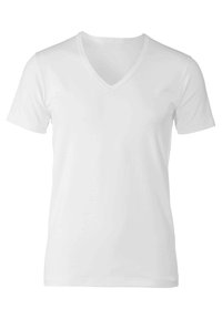 Weißes V-Ausschnitt-T-Shirt aus einem Baumwollmischgewebe. Kurze Ärmel, glatte Textur und klassische Passform. Keine Muster oder zusätzlichen Details.