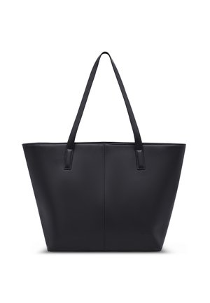 Zwarte leren totebag met twee lange handvatten en een centrale verticale naad, afgebeeld op een witte achtergrond.