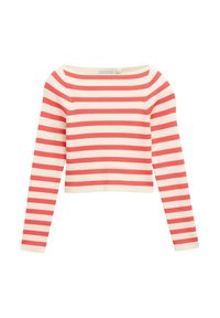 Röd och vit randig crop top med långa ärmar, tillverkad av ribbat tyg. Har en vid halsringning och en figurnära siluett.