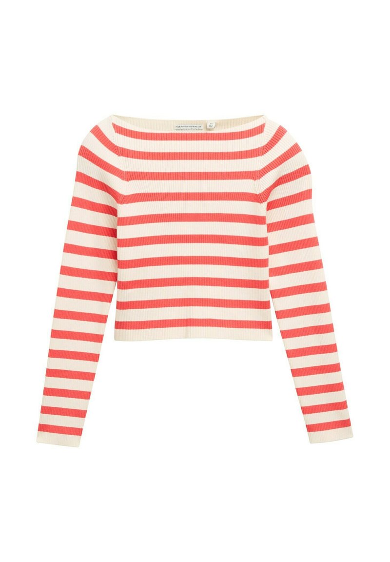 Röd och vit randig crop top med långa ärmar, tillverkad av ribbat tyg. Har en vid halsringning och en figurnära siluett.