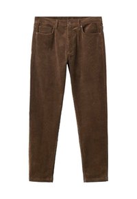 Pantalones de pana marrones con una superficie texturada, corte recto, diseño de cinco bolsillos y cinturilla estándar con pasadores para el cinturón.