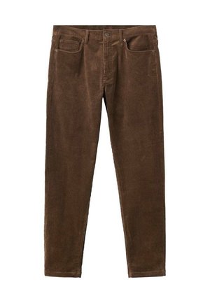 Pantaloni in corduroy marrone con superficie testurizzata, taglio dritto, design a cinque tasche e vita standard con passanti per cintura.