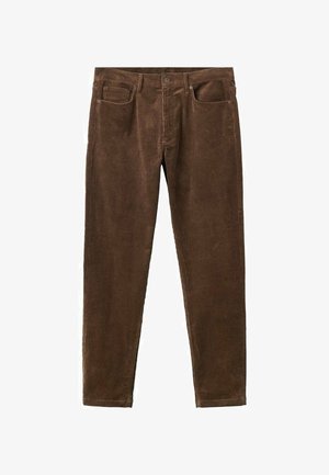 Pantalones de pana marrones con una superficie texturada, corte recto, diseño de cinco bolsillos y cinturilla estándar con pasadores para el cinturón.