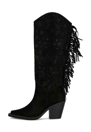 Bota negra de ante hasta la mitad de la pantorrilla con recortes en forma de estrella y pequeñas tachuelas, punta puntiaguda, tacón bloque y detalles de flecos en la parte trasera.