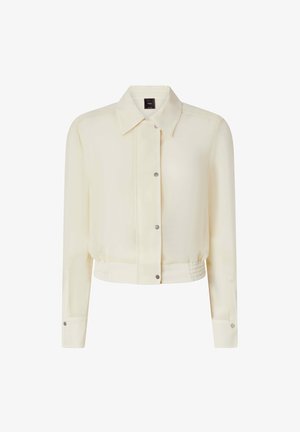 Jakna u boji krem na crop dizajn s ovratnikom, prednjim kopčama na dugmad i elastičnim rubom. Izrađena od lagane, glatke tkanine.