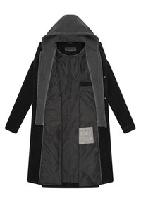 Manteau extérieur noir avec une capuche grise, devant zippé et poches intérieures. La doublure est lisse et comporte des instructions de soin.
