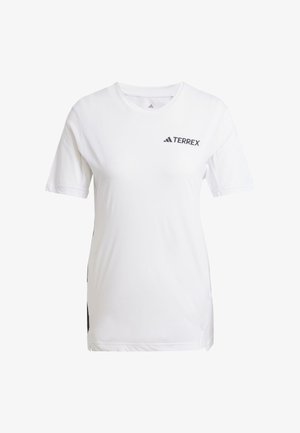 White Terrex athletic shirt made of lightweight material, featuring short sleeves, mesh accents, and a black logo on the front.
