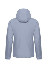 Lichtblauwe hoodie van achteren. Kenmerkt zich door een gladde, matte afwerking, lange mouwen en minimale stiksels.