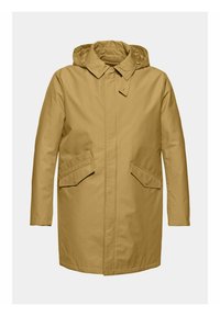 Khaki płaszcz przeciwdeszczowy z kapturem, o prostym kroju, z dwoma dużymi przednimi kieszeniami i gładką, matową teksturą.