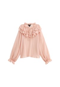 Blusa en rosa claro, con un cuello con volantes, mangas largas abullonadas con puños elásticos y un detalle de lazo en el escote. Textura de tela suave.