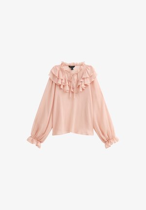 Blusa in rosa chiaro, con un colletto arricciato, maniche lunghe a sbuffo con polsini elastici e un dettaglio con lacci sul colletto. Tessuto dalla consistenza liscia.