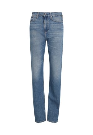 Jean en denim bleu clair, coupe droite, cinq poches, fermeture à bouton et décoloration subtile pour un effet usé.