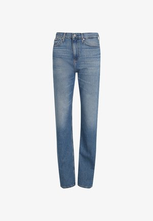 Lichtblauwe denimjeans met een rechte pijp, vijf zakken, knoopsluiting en subtiele vervaging voor een versleten effect.