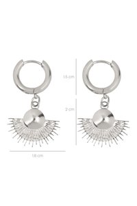 Silver hoop earrings with a sunburst design, featuring a round central bead and radiating metal spikes. Diameter: 1.8 cm; height: 2 cm.