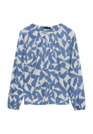 Langarmblouse met een blauw-wit abstract patroon, met een gathered decolleté en elastische manchetten. Gemaakt van een lichte stof.