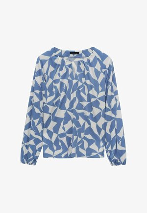 Langærmet bluse med et blåt og hvidt abstrakt mønster, der har en samlet halsudskæring og elastiske manchetter. Lavet af letvægtsstof.