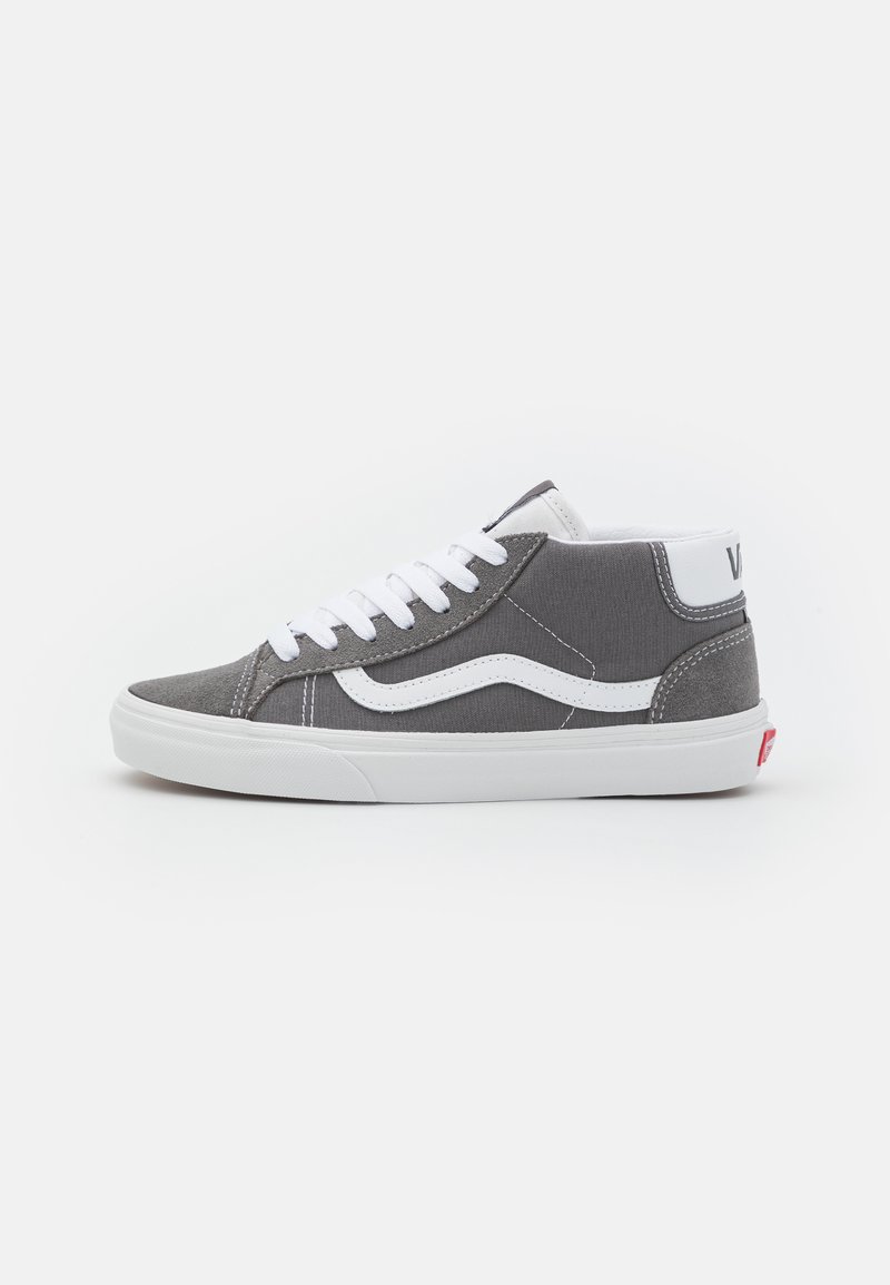 Gray canvas high-top sneaker with white laces and accents, featuring a rubber sole and stitched detailing along the sides.
