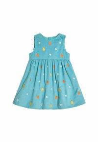 Türkises Baumwollkleid mit gestickten Früchten und Blumen, gewelltem Ausschnitt, ärmellosem Design und gerafftem Rockdetail.